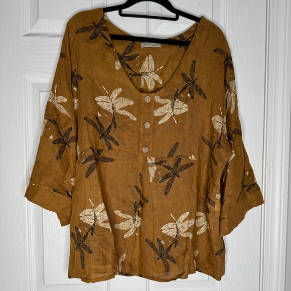 VIOLA BORGHI Linen Dragon Fly Print Pullover 3/4 Sleeve Top Italy Women’s S BOHO - Picture 3 of 8